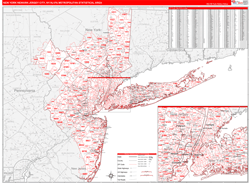 New York-Newark-Jersey City Metro Area Wall Map Red Line Style 2024